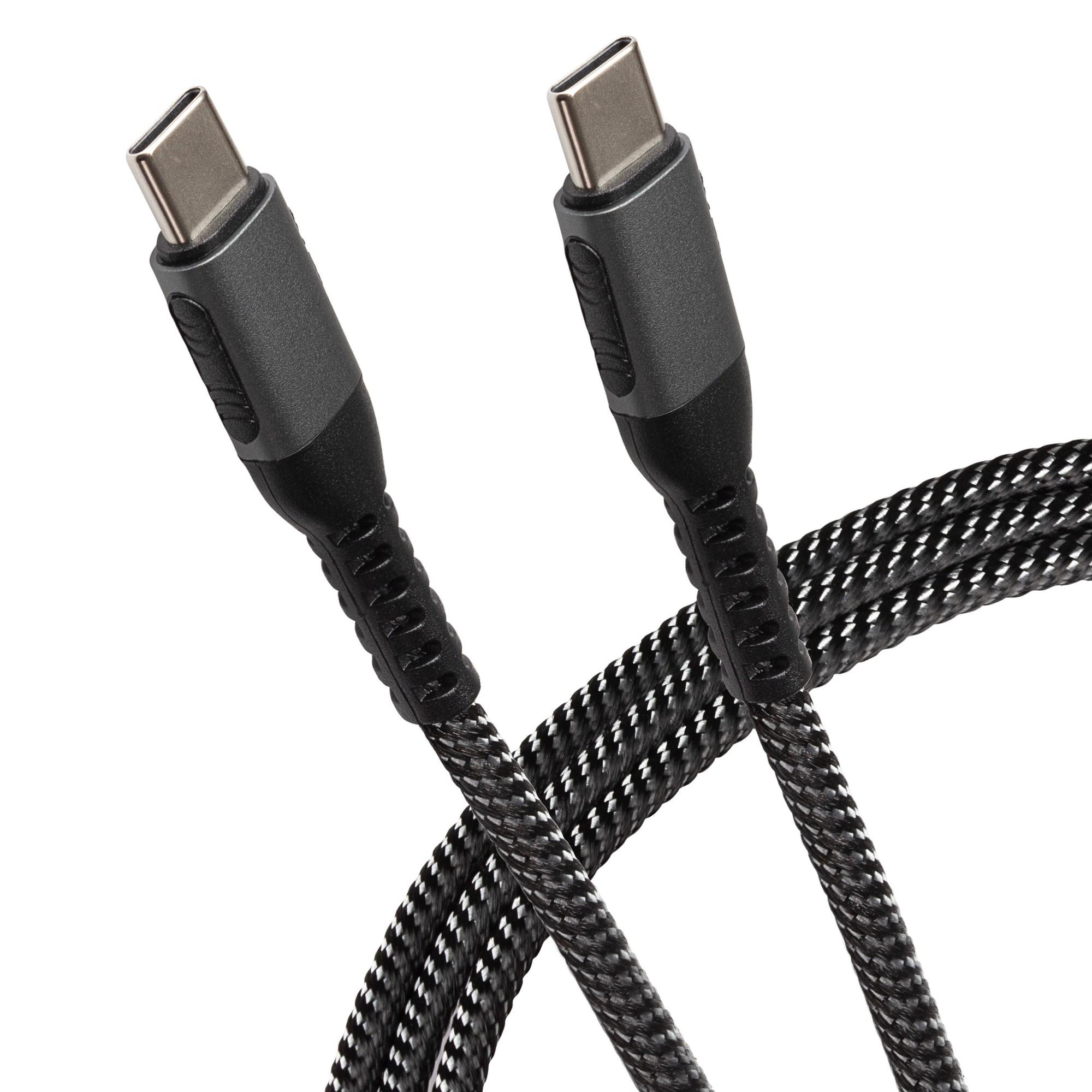 Silver braided USB-C to USB-C cable, 3 meters long, featuring durable connectors and a sleek design, capable of delivering 60W power.