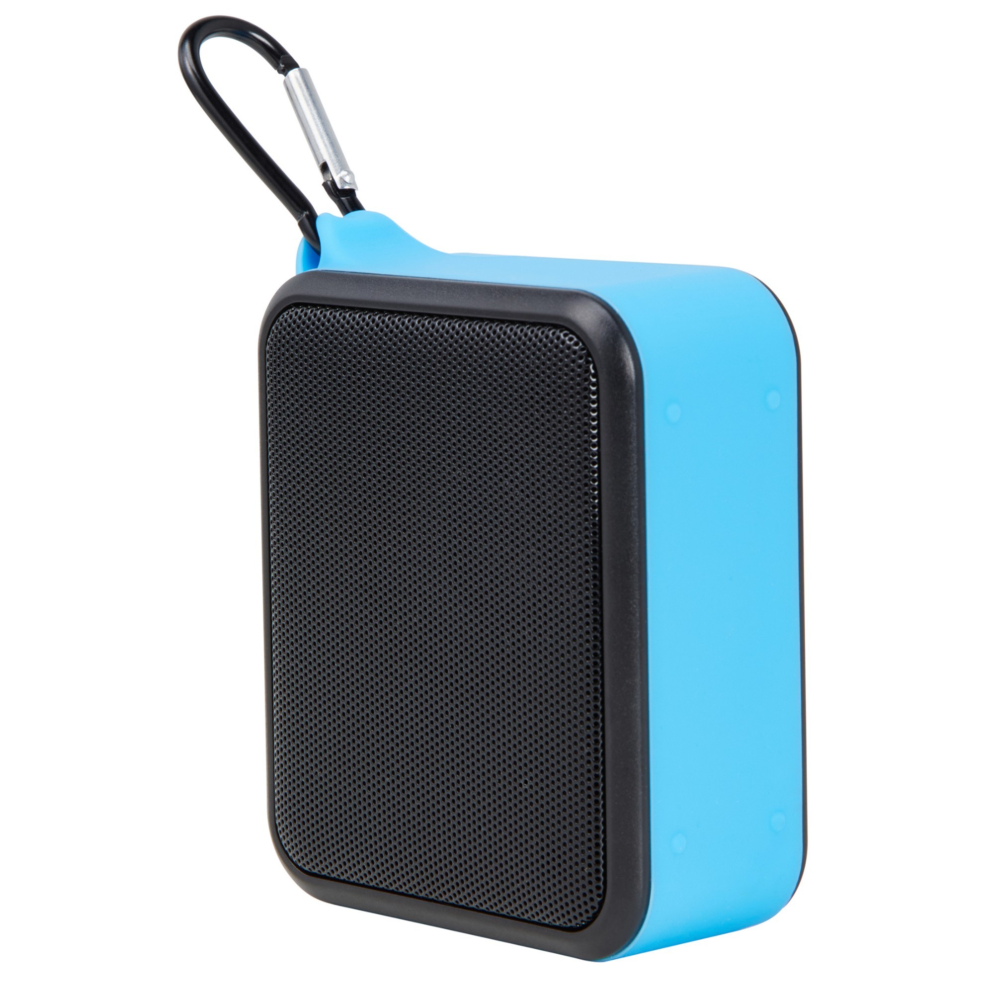 Compact blue waterproof Bluetooth speaker with a textured black speaker grille, featuring a sturdy carabiner for easy attachment.