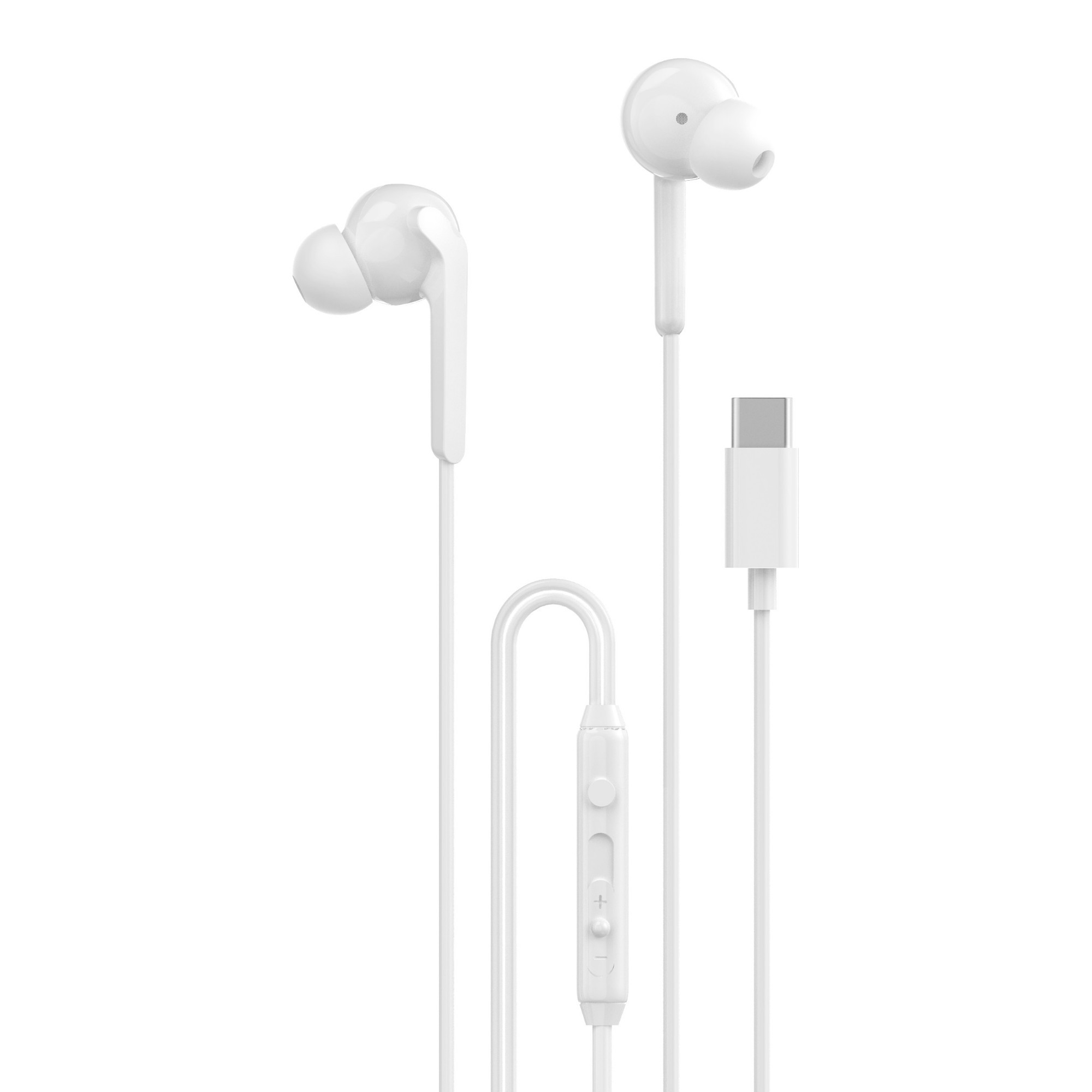 White wired earbuds with a USB-C connector, featuring a soft fit design, in-line volume control, and a hands-free calling button.