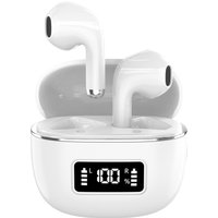 White Maplin wireless earbuds with charging case, digital display, Bluetooth V5.3, and USB-C port.