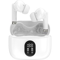 White Maplin wireless earbuds with soft tips, Bluetooth V5.4, USB-C charging case, and digital display.