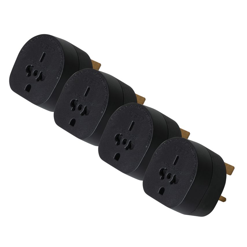 Four black travel adapter plugs designed for worldwide use to UK sockets, featuring three rectangular prongs and a compact, rounded design.
