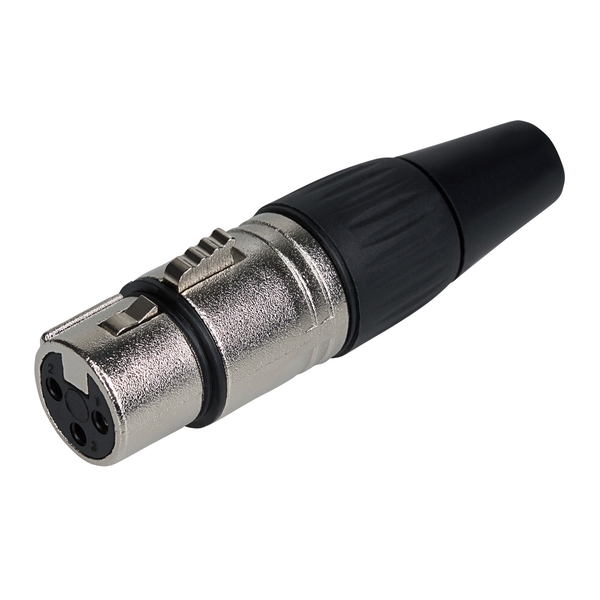 XLR female connector featuring a zinc diecast shell, three copper contacts, and a black rubber grip for secure handling.
