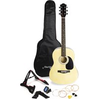 Full-size acoustic guitar kit with natural wood finish, black pickguard, stand, tuner, bag, strap, plectrums, spare strings.