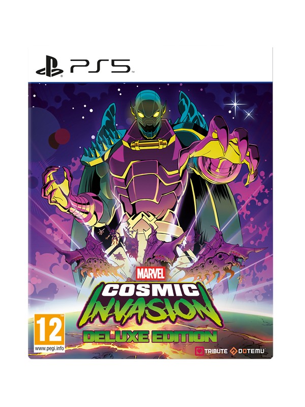 MARVEL Cosmic Invasion Deluxe Edition for PS5 features vibrant artwork with a green and purple color scheme, showcasing a menacing character and dynamic cosmic background.