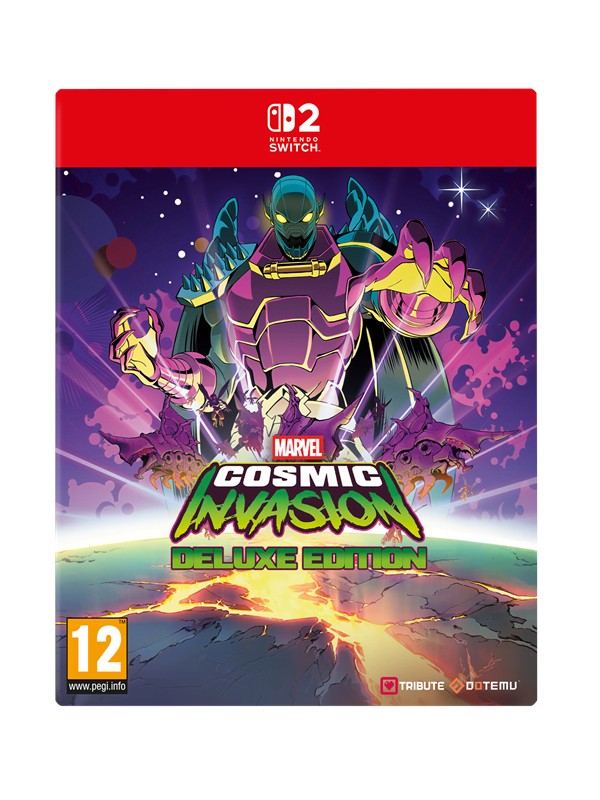 Colorful game cover featuring a purple and green armored character, vibrant cosmic background, and "MARVEL Cosmic Invasion – Deluxe Edition" title prominently displayed.