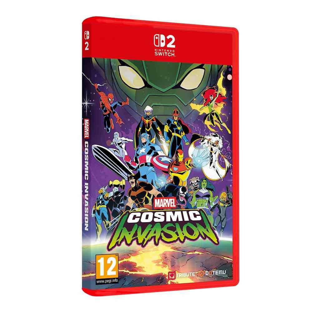 Bright red game case featuring "MARVEL Cosmic Invasion" title, with colorful comic-style artwork of various superheroes and villains, designed for the Nintendo Switch.