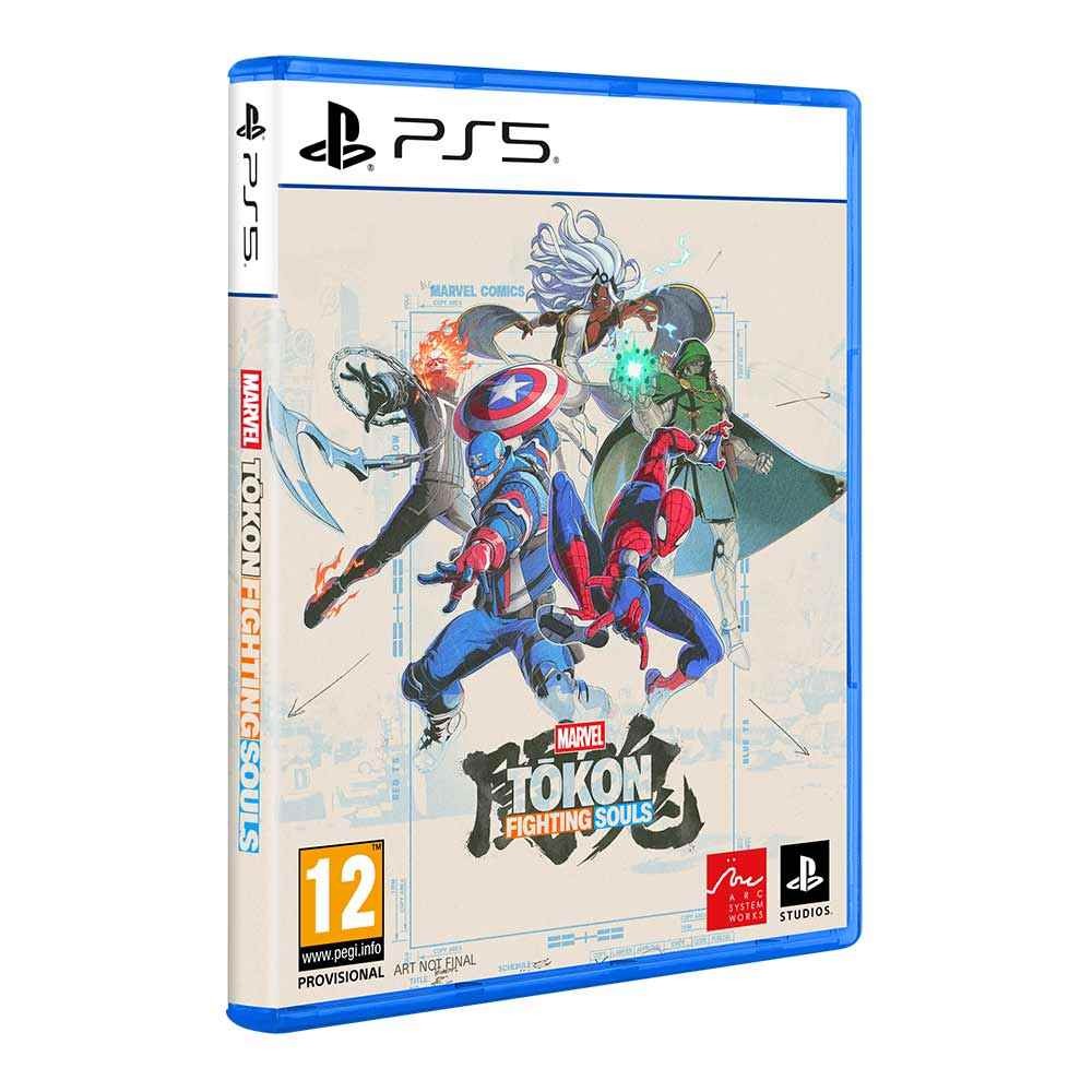 PS5 game case for "MARVEL Tokon: Fighting Souls" featuring colorful artwork of superheroes, with a blue case and a 12+ age rating, alongside an Infinity Gauntlet, Baby Groot, and Cosmic Surfboard.