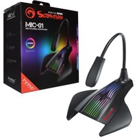 Black Marvo MIC-01 PC microphone with RGB lighting, flexible neck, and sleek base, next to its packaging.