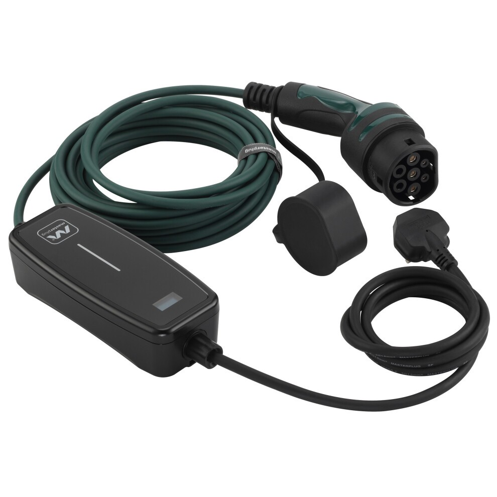 Masterplug EV Charger Mode 2 features a 10m green cable with a Type 2 connector, a black control box with an LED indicator, and a 3-pin plug for easy charging access.