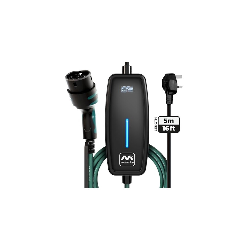 Masterplug EV charging cable with a black, rectangular unit featuring a blue LED indicator, a 3-pin UK plug, and a Type 2 connector, measuring 5 metres in length.