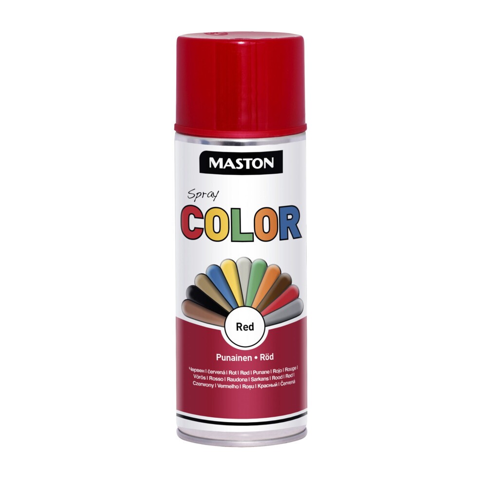Red gloss spray paint in a 400ml can by Maston, featuring a vibrant red cap and a colorful label displaying various paint colors, emphasizing its use for artistic projects.