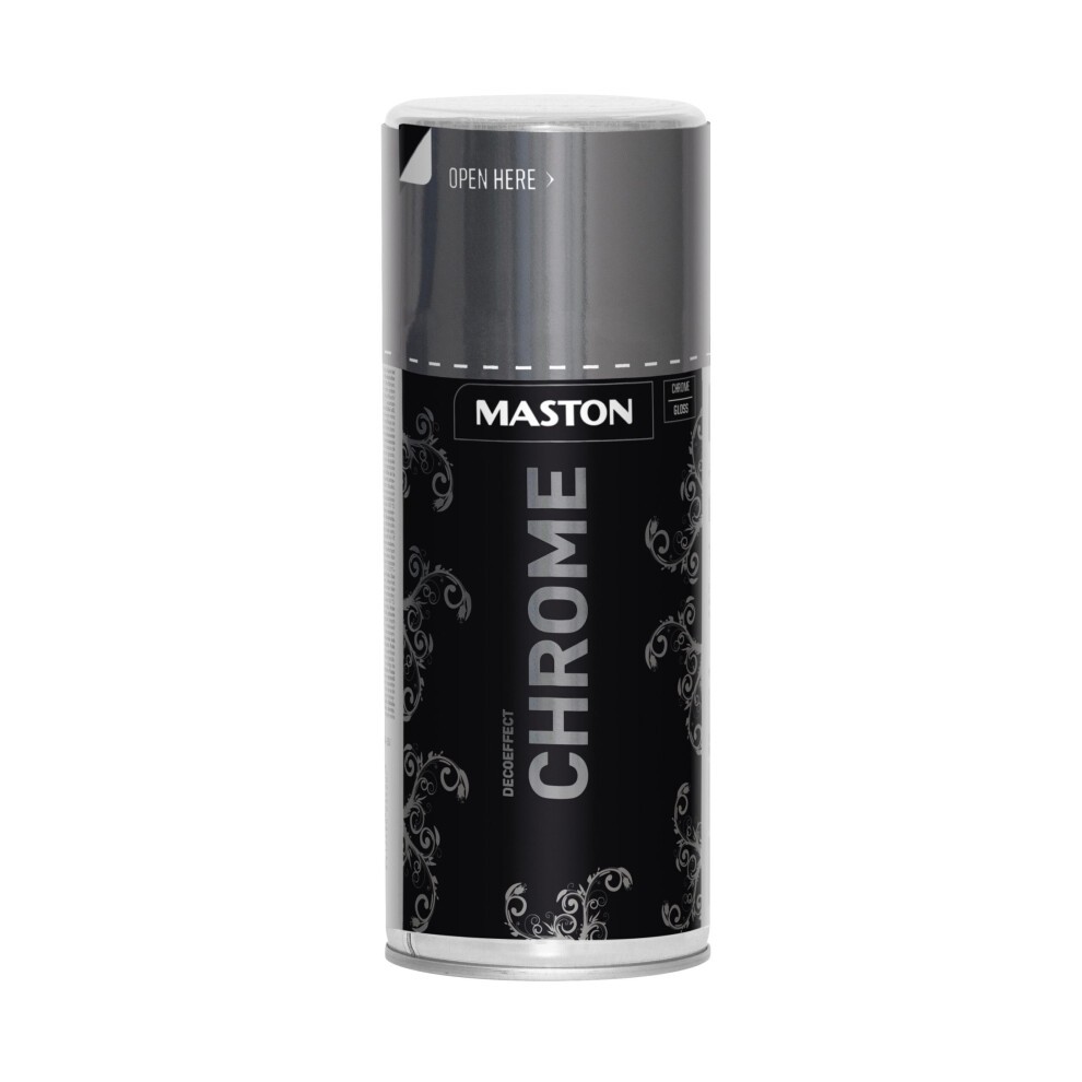 Glossy silver spray paint can with a black label, featuring the word "CHROME" in bold white letters and decorative elements, designed for decorative effects.
