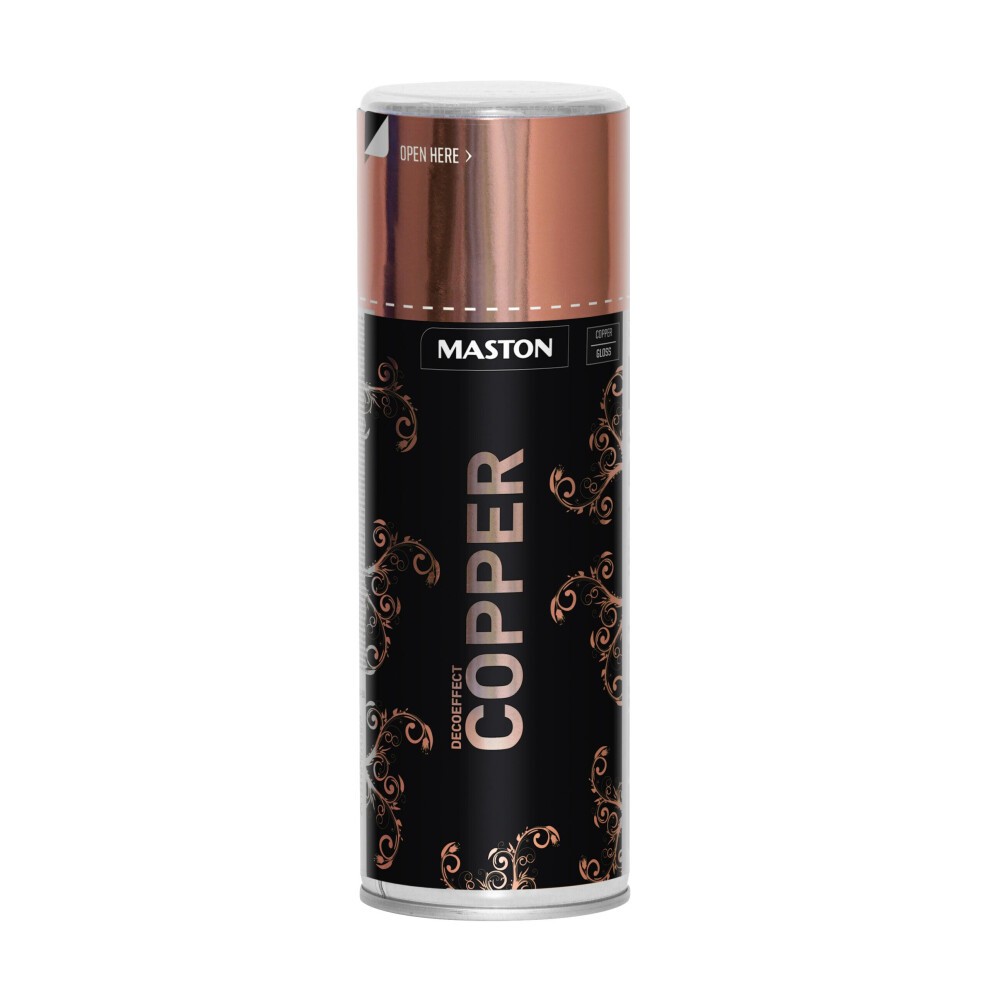 Glossy copper spray paint in a 400ml can, featuring a sleek black label with ornate designs and bold "COPPER" text, ideal for decorative projects.