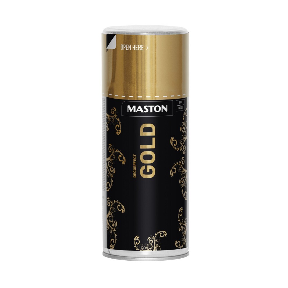 Glossy gold spray paint canister with black accents, featuring ornate gold designs and the label "Maston Decoeffect Gold" prominently displayed.