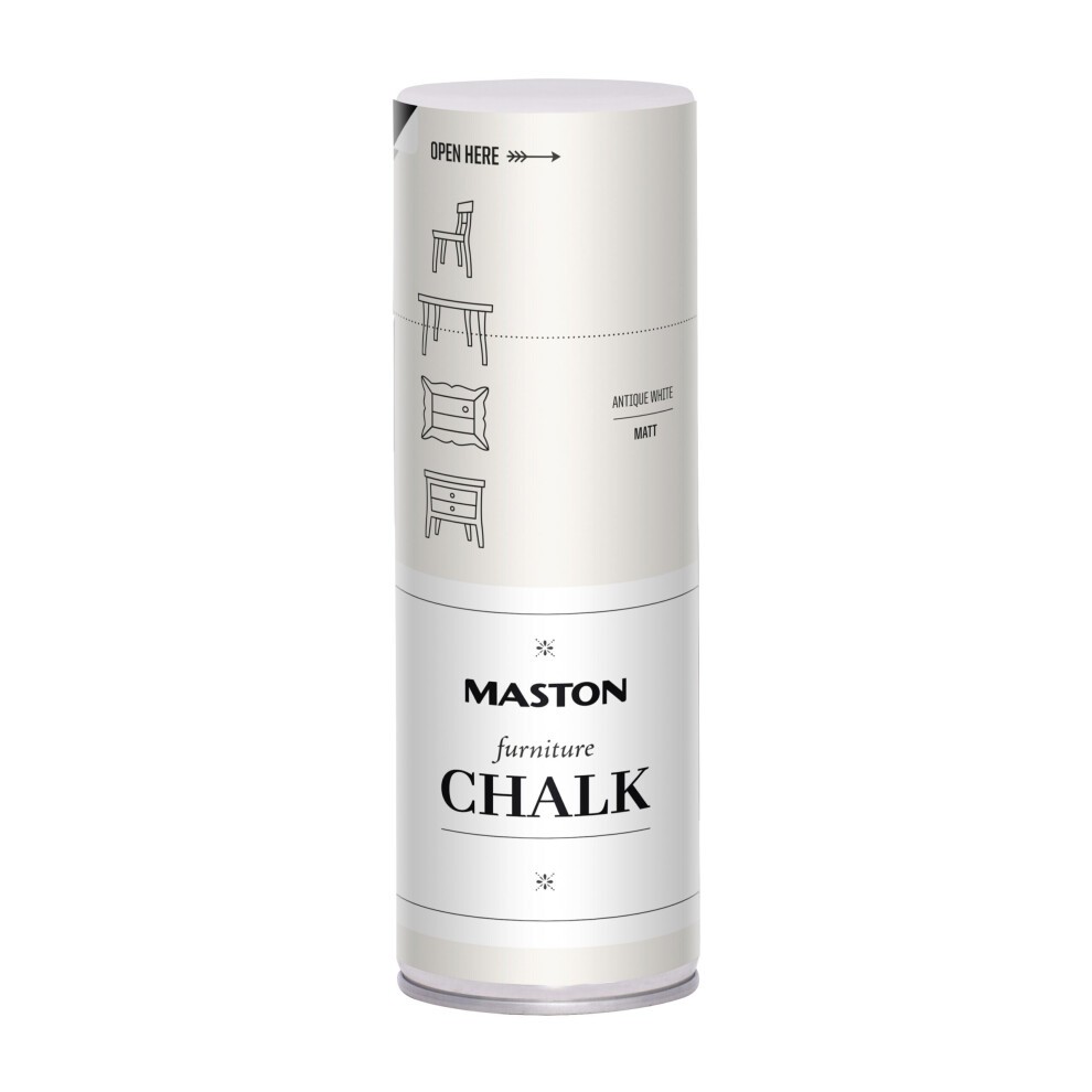 Maston Spray Paint in Antique White, 400ml canister, featuring a matte finish, labeled for furniture use with chalk paint instructions and a sleek design.