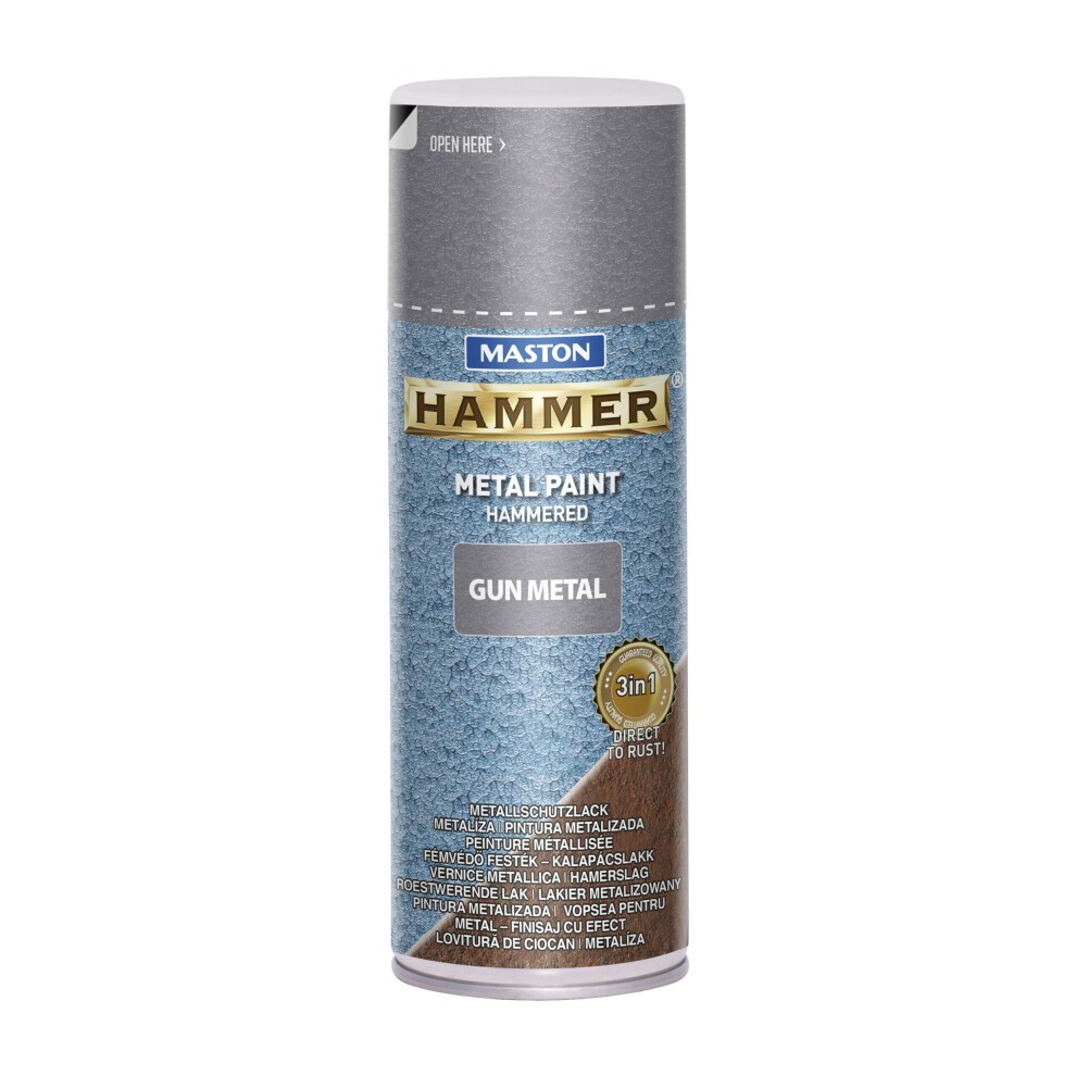 Maston Hammered Spray Paint in Gun Metal Grey, 400ml can with a textured finish, featuring a blue label with silver accents and clear instructions on use.