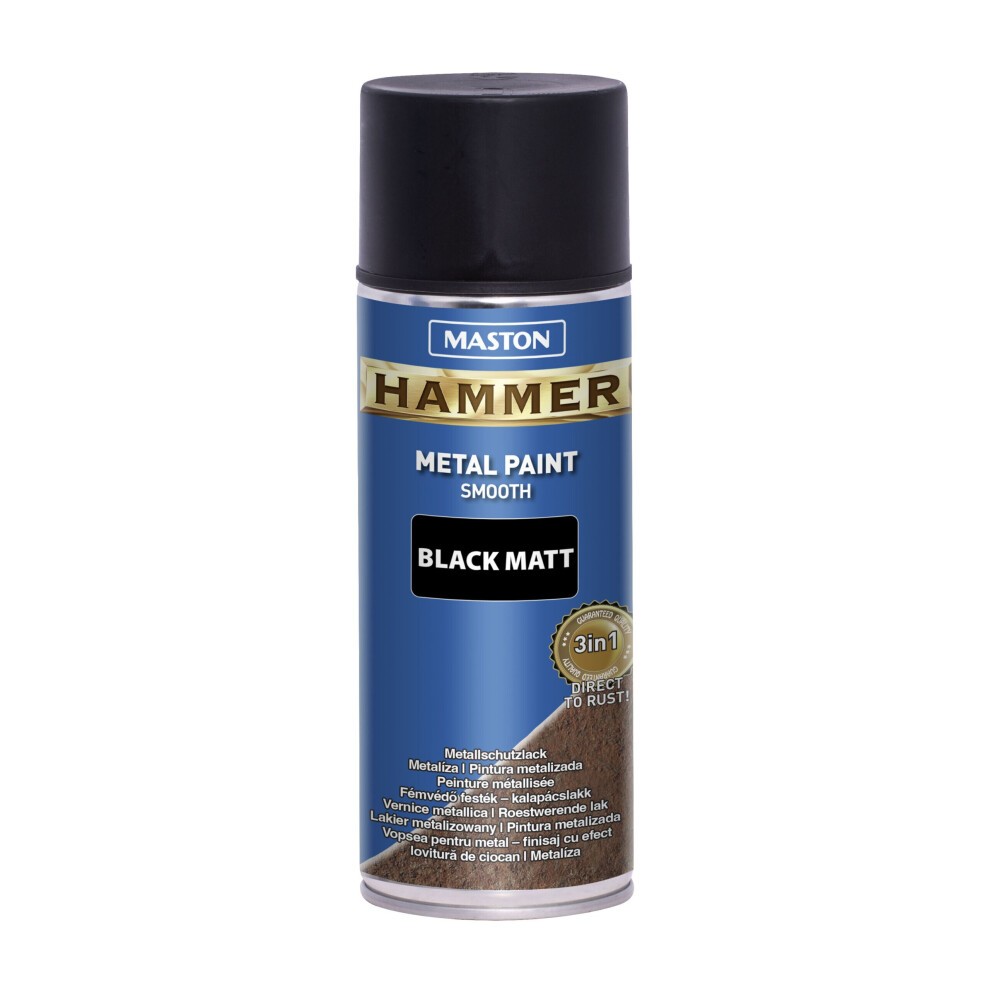 Maston Hammer Spray Paint in a 400ml can features a smooth black matte finish, with a blue and silver label highlighting its metal paint qualities.