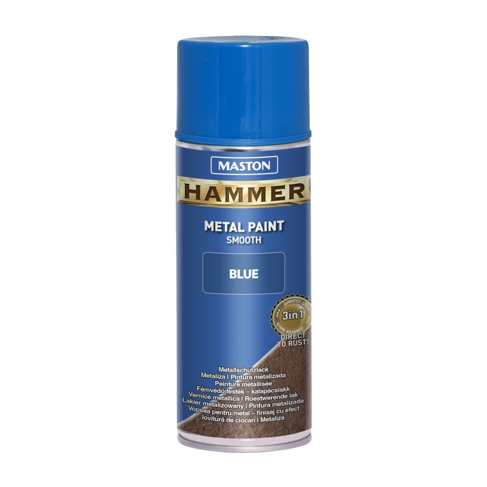 Maston Hammer Smooth Blue spray paint can, 400ml, features a blue cap and a metallic blue label with gold accents, highlighting its 3-in-1 formula for metal surfaces.