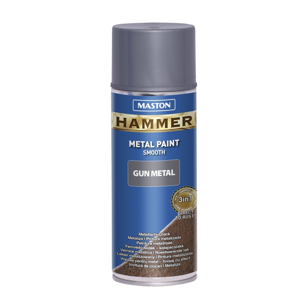Maston Hammer Smooth Spray Paint in Gun Metal Grey, 400ml can with a metallic finish, featuring a blue label and a silver cap, designed for a durable, rust-resistant coating.