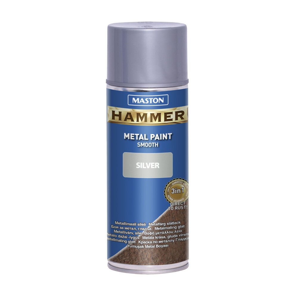 Maston Hammer Spray Paint in smooth silver, 400ml can, features a metallic finish with a blue label and gold accents, highlighting its rust-resistant properties.
