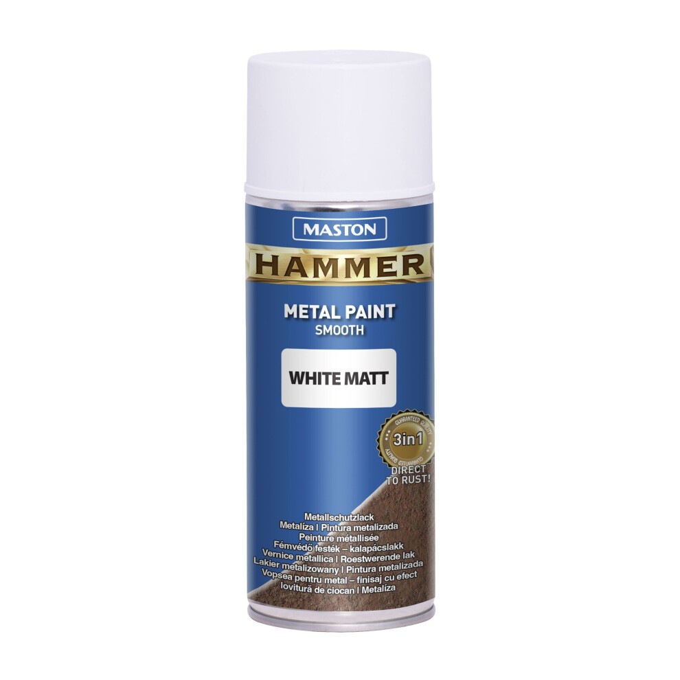 White matte spray paint canister with a blue and gold label, featuring "Maston Hammer" branding and a 400ml capacity, designed for smooth metal surfaces.