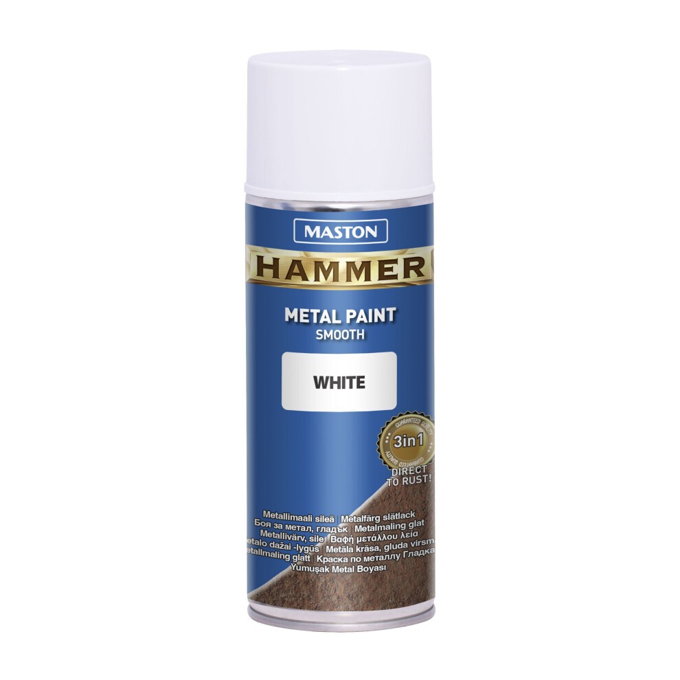 Maston Hammer Smooth White spray paint can, 400ml, featuring a glossy white finish, blue label with gold accents, and clear product details for metal application.
