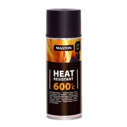 Black matte spray can labeled "HEAT RESISTANT 600°C" by Maston, featuring a sleek design with a black top and a bold orange and yellow flame graphic on the label.