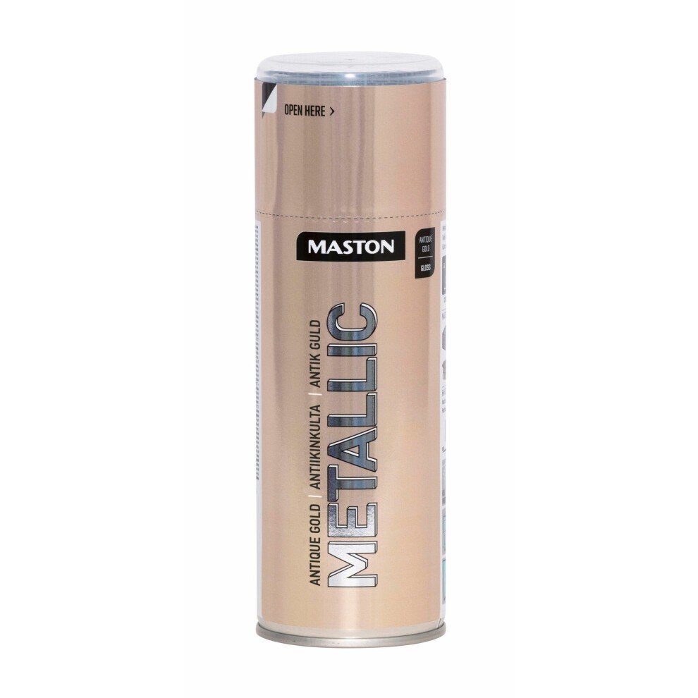 Maston metallic gloss spray paint in antique gold, 400ml can with a sleek design, featuring bold "METALLIC" text and a silver cap.