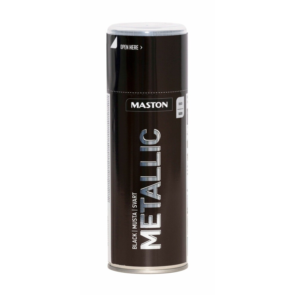 Metallic gloss black spray paint in a 400ml can by Maston, featuring a sleek black design with bold "METALLIC" text and an easy-open top.
