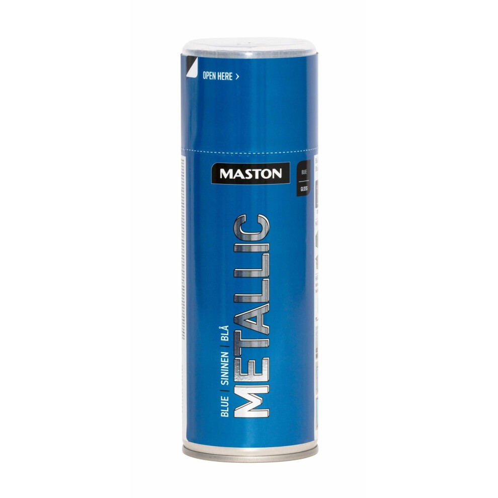 Maston Metallic Gloss Blue spray paint can, 400ml, featuring a shiny blue finish with a silver base and bold "METALLIC" label in white.