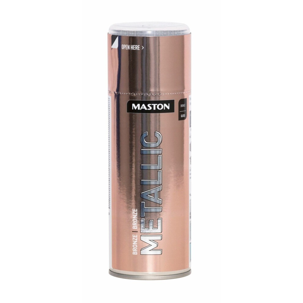 Maston Spray Paint in Metallic Gloss Bronze, 400ml can with a shiny bronze finish, featuring bold "METALLIC" text and a pull tab for easy opening.