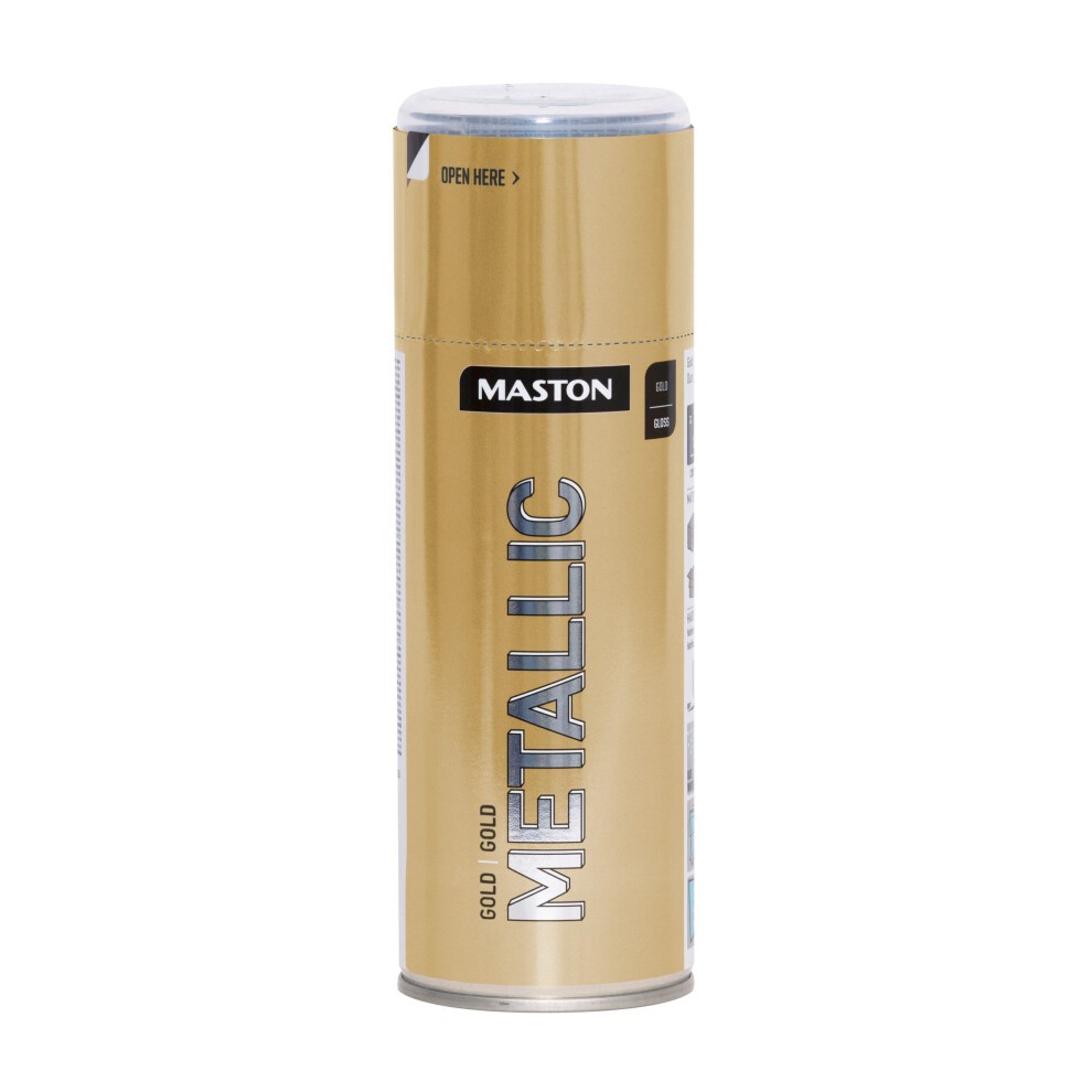 Maston Spray Paint in Metallic Gloss Gold, 400ml can, featuring a shiny gold finish with bold "METALLIC" text and a silver cap.