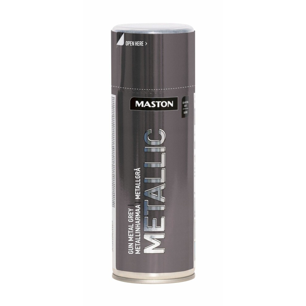 Maston metallic gloss spray paint can in gun metal grey, 400ml, featuring a sleek cylindrical design with a black and silver label highlighting "METALLIC."