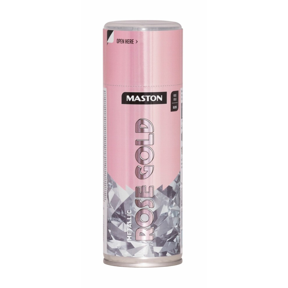 Metallic gloss spray paint in a 400ml can, featuring a pink and silver design with "Maston" branding and "Metallic Rose Gold" prominently displayed.
