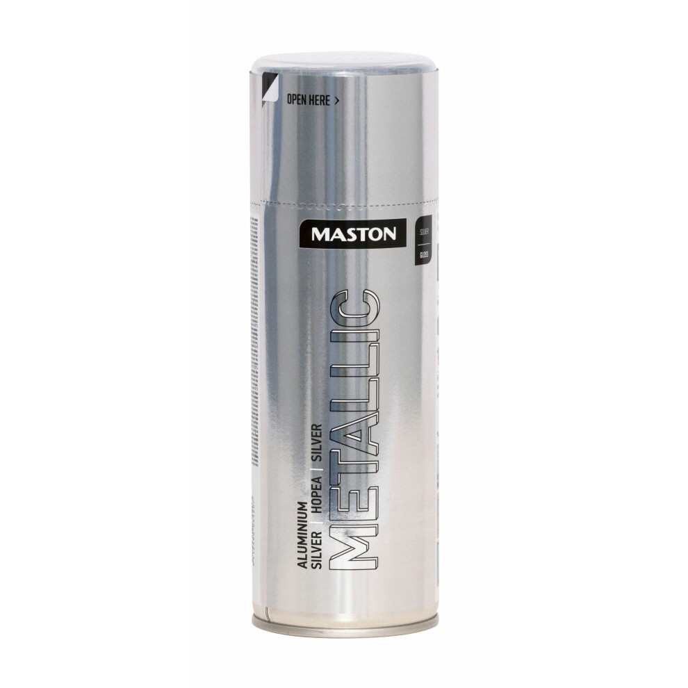 Metallic gloss spray paint in aluminum silver, 400ml can by Maston, featuring a sleek silver finish and bold black text indicating the product type and color.
