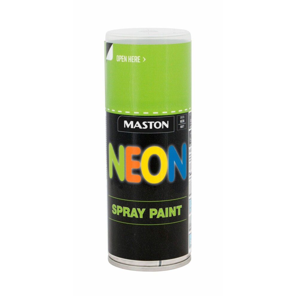 Maston Neon Green Matt spray paint can, 400ml, features a vibrant green cap, a black body with colorful "NEON" text, and clear instructions on the label.