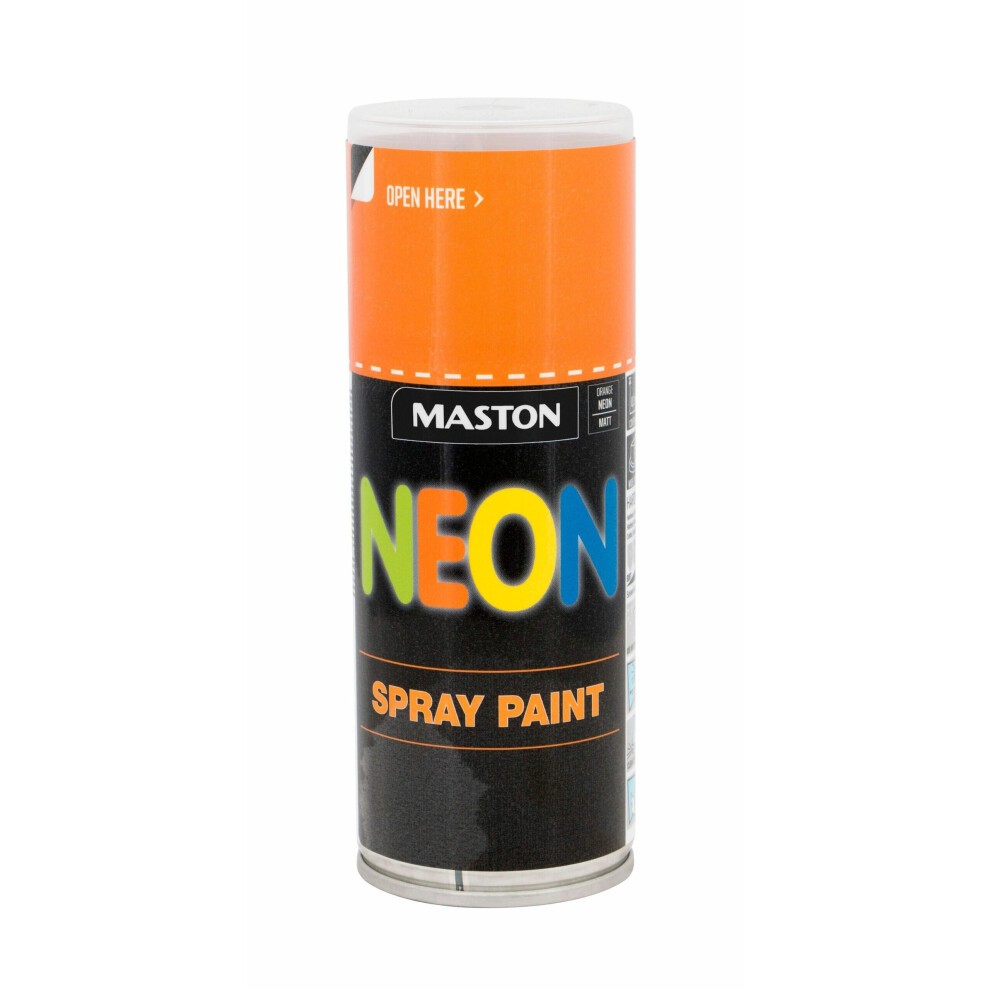 Maston NEON Orange Matt spray paint can, 400ml, featuring a bright orange cap, black label with colorful "NEON" text, and clear instructions for use.