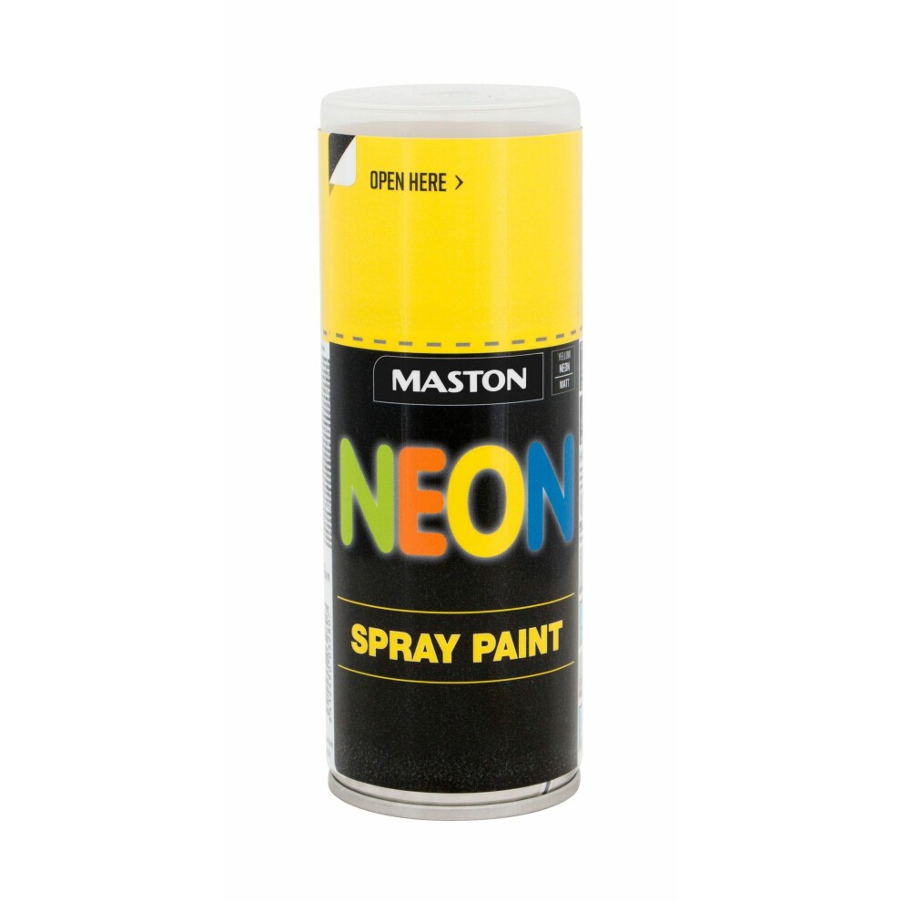 Maston Neon Yellow Matt spray paint can, 400ml, featuring a vibrant yellow lid, black body with colorful "NEON" text, and clear instructions on opening.