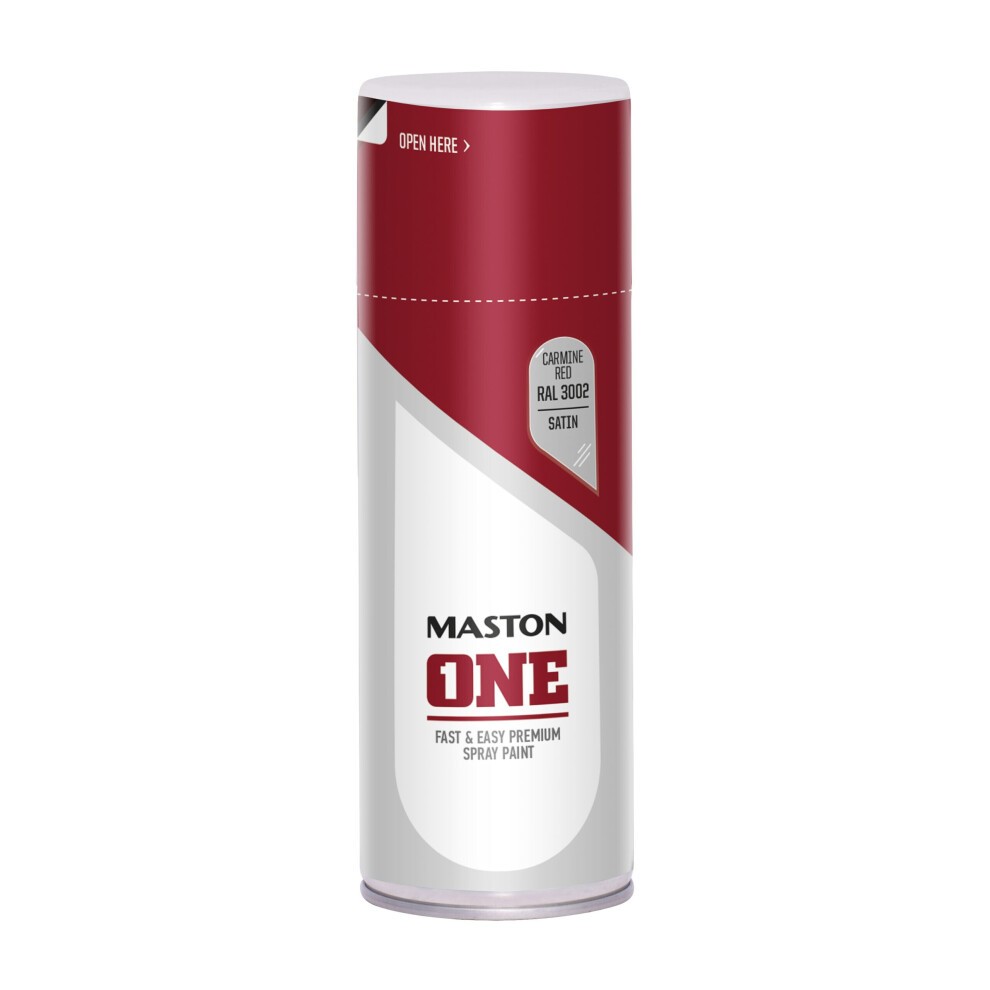Satin Carmine Red spray paint can with a glossy finish, featuring a white label with "MASTON ONE" and product details, in a 400ml size.