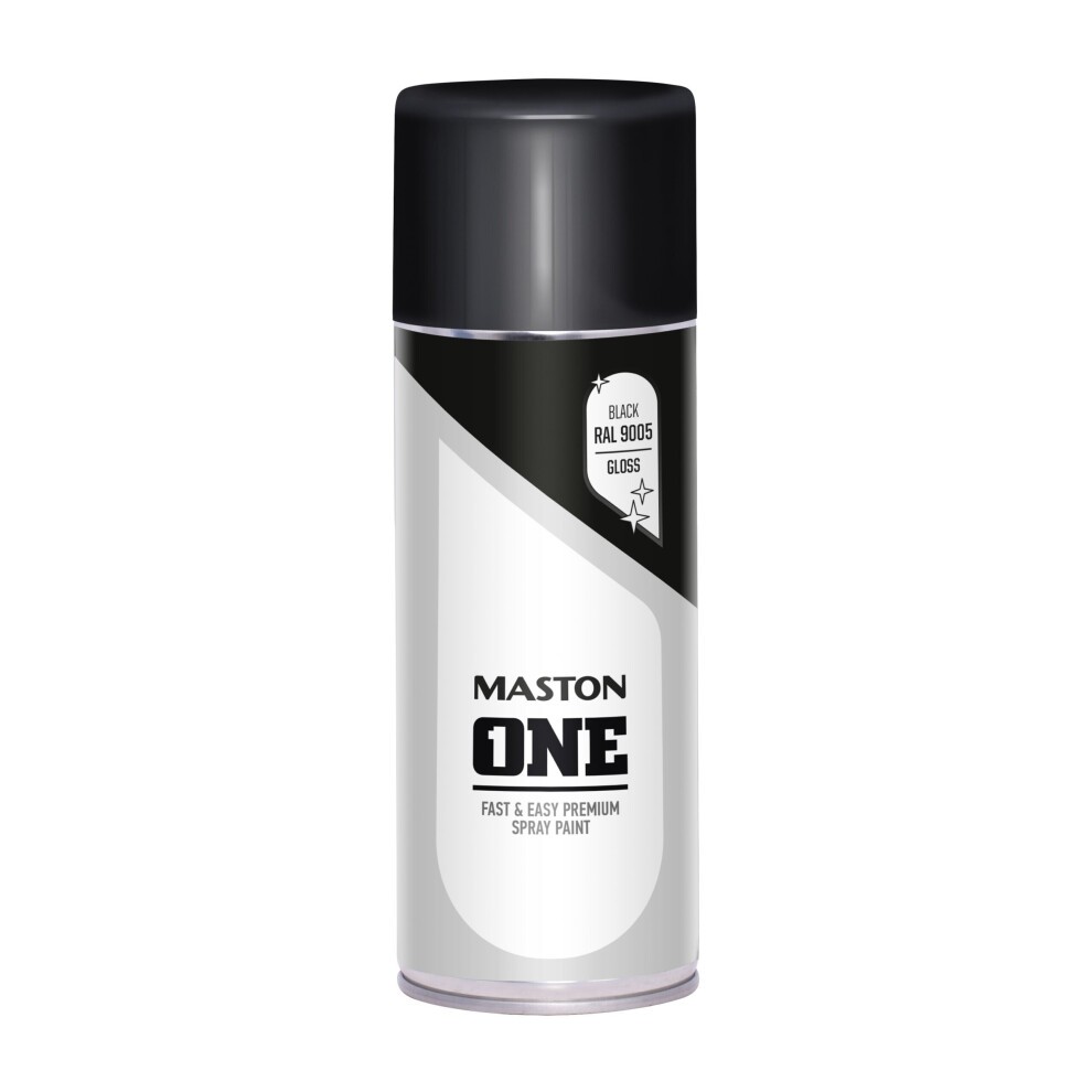 Gloss black spray paint canister labeled "Maston ONE," 400ml, featuring a sleek black cap and a white body with product details and RAL9005 color code.