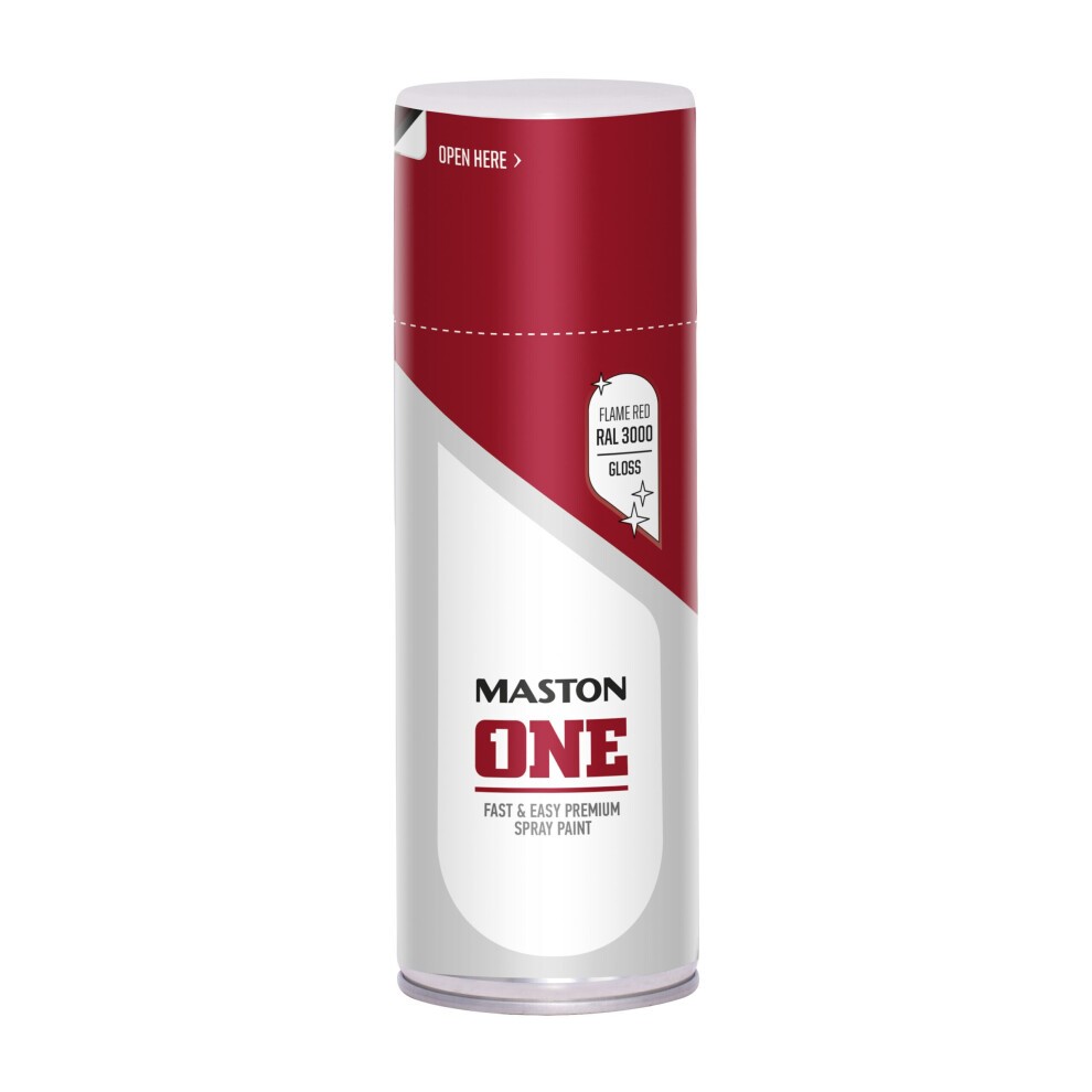 Glossy red spray paint can labeled "Maston ONE - Flame Red RAL3000," featuring a sleek design with a white base and red top, and a capacity of 400ml.