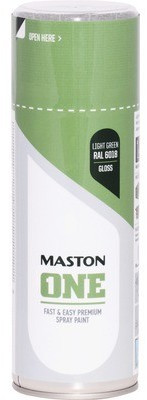 Gloss green spray paint can labeled "Maston ONE," 400ml, featuring a sleek design with a white base and green accents, indicating RAL6029 color and premium quality.