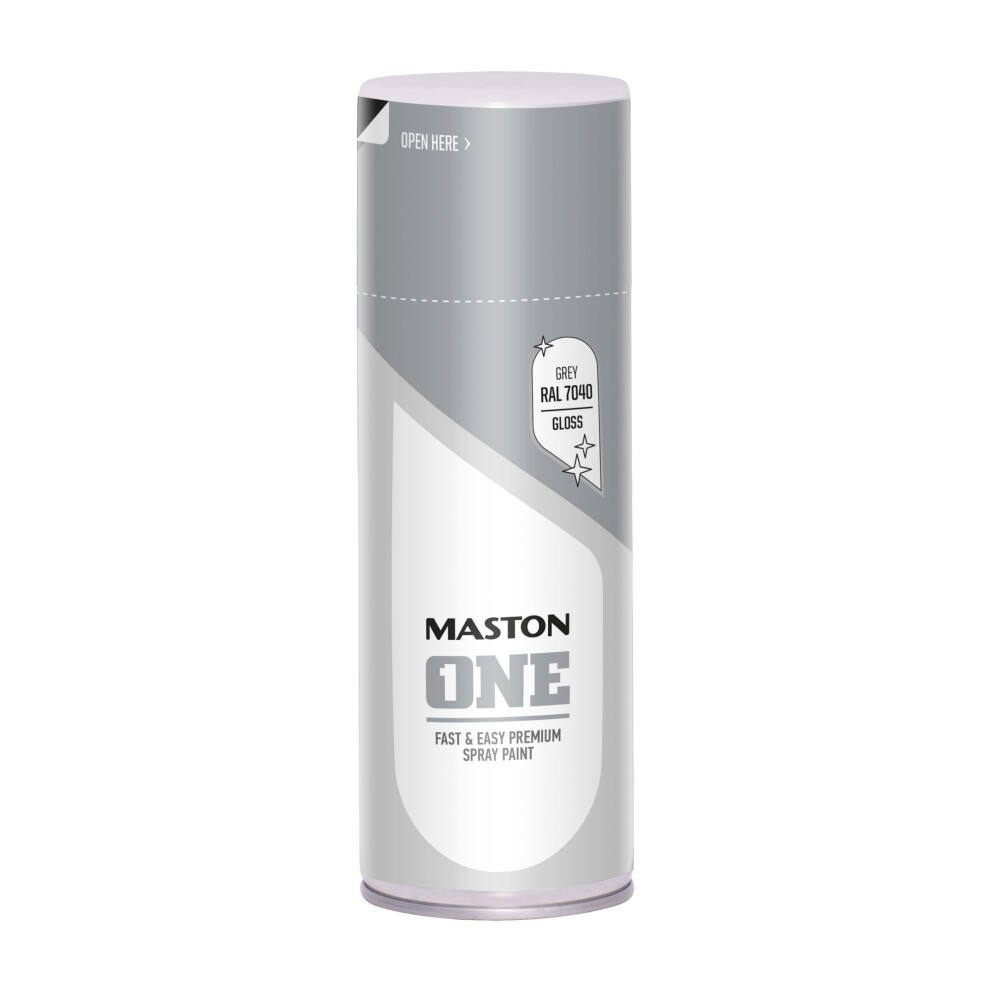 Gloss grey spray paint canister labeled "Maston ONE," featuring a sleek design with a white base and grey accents, 400ml capacity, and RAL 7040 color indication.