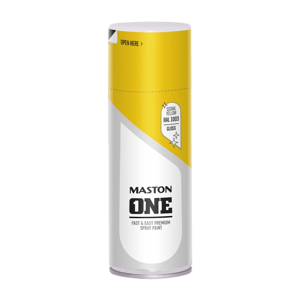 Glossy spray paint can in Signal Yellow (RAL 1003) with a white base, featuring the "Maston ONE" logo and instructions to open at the top.