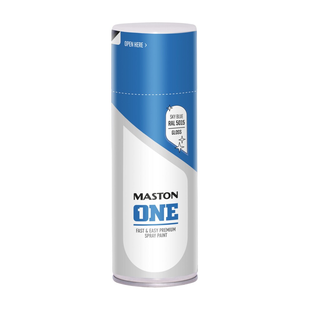 Glossy spray paint can in Sky Blue (RAL 5015) with a white and blue label, labeled "Maston ONE," featuring easy-open instructions and a 400ml capacity.