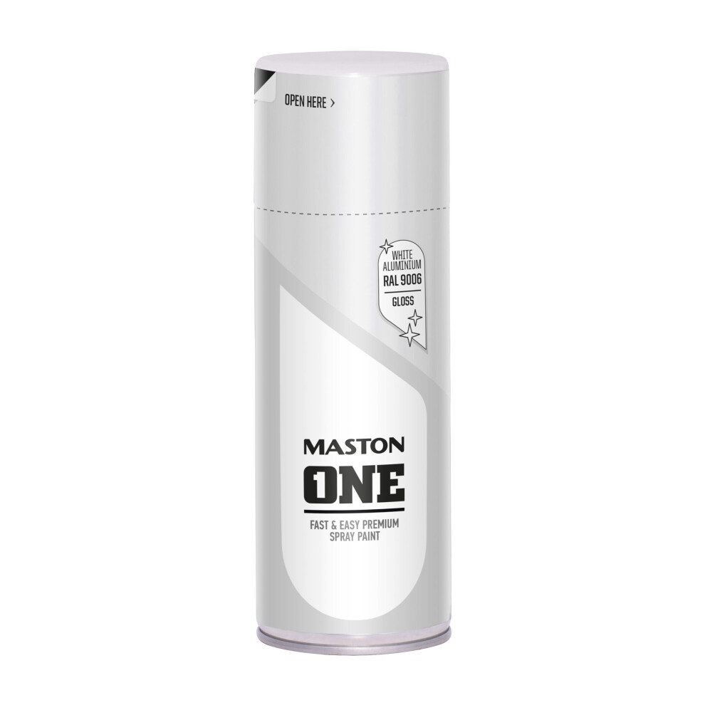 Gloss white spray paint canister labeled "Maston ONE," 400ml, featuring a sleek design with a silver finish and clear instructions for use on the top.