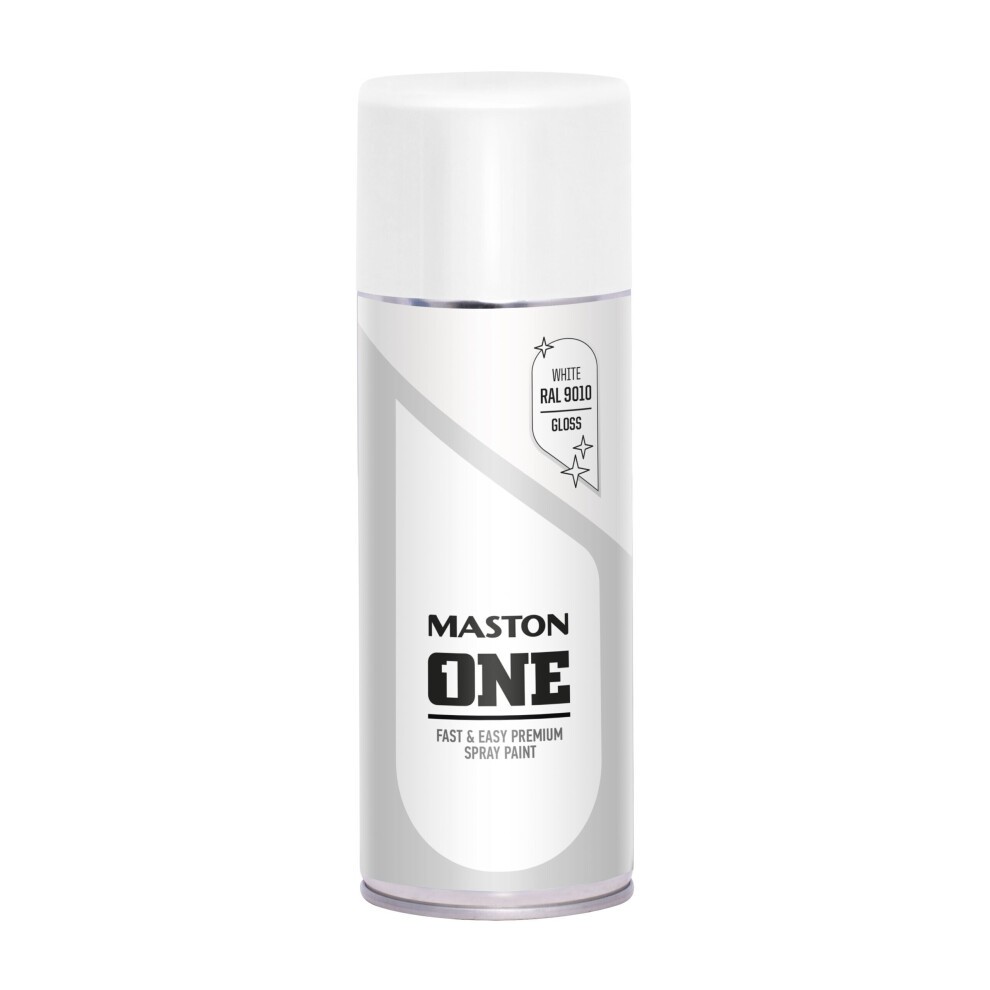Gloss white spray paint canister labeled "Maston ONE" with RAL9010, featuring a sleek design and a silver and white color scheme, ideal for premium finishes.