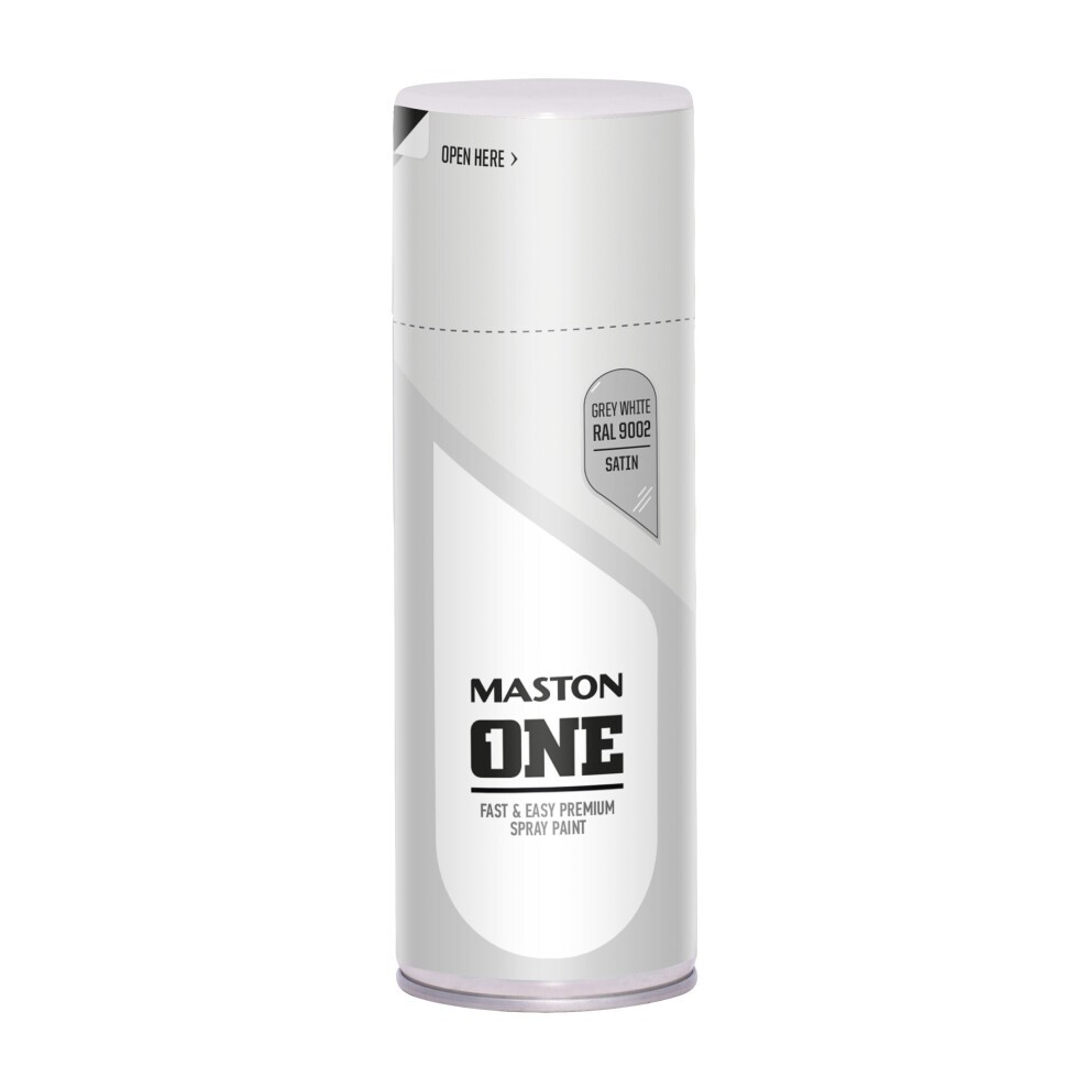 Maston Spray Paint ONE in Satin Grey White RAL9002, 400ml can with a sleek white design featuring bold black text and a clear label indicating color and finish.