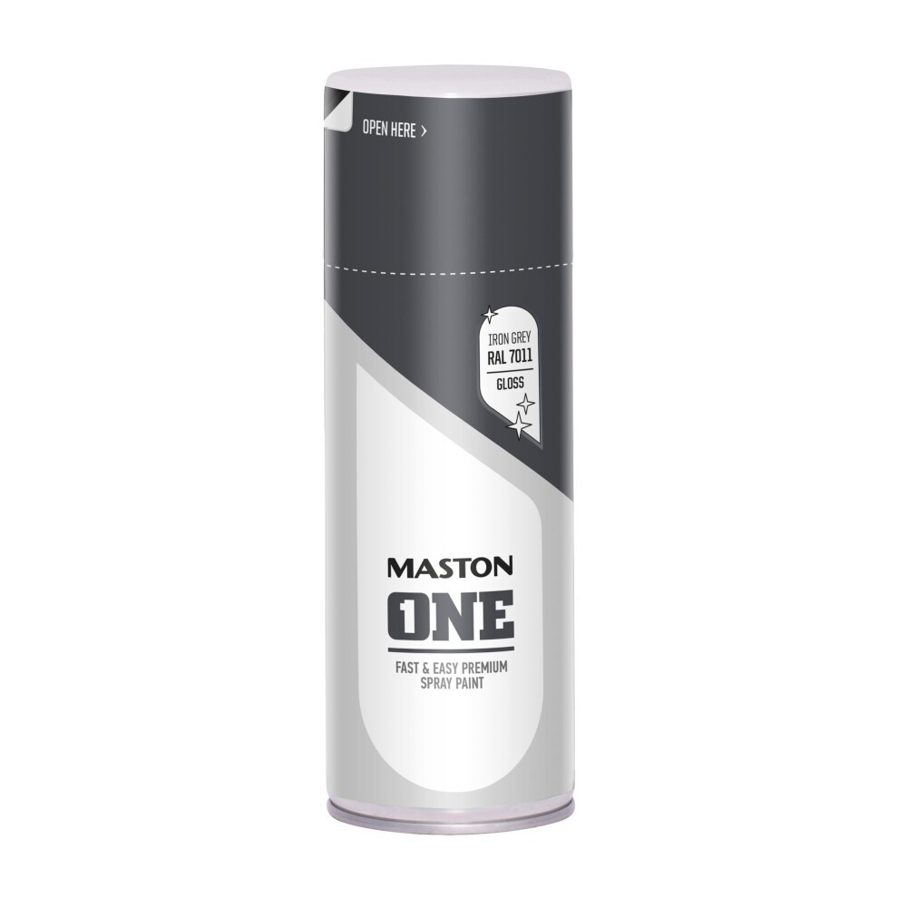 Gloss Iron Grey spray paint canister by Maston ONE, 400ml, featuring a sleek design with a white and grey color scheme and a label indicating fast and easy application.